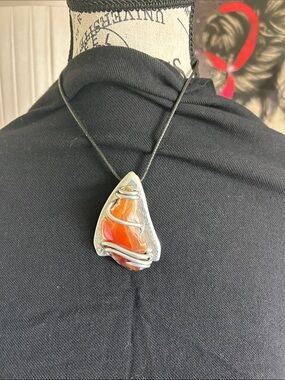 Handcrafted Orange Agate Pendant Necklace - Silver Tone Wire Wrap